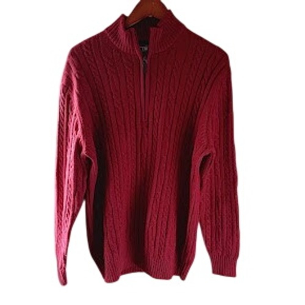 IZOD Men's Quarter Zip Cable Knit Sweater XL‎ Red Cotton Blend Academia Preppy